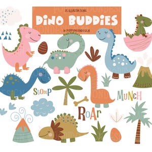 May include: A collection of 25 colorful dinosaur illustrations titled DINO BUDDIES by POPPYMOONDESIGN. The set includes various cartoon dinosaurs in pink, blue, green, and orange, along with palm trees, volcanoes, eggs, and text reading STOMP, MUNCH, and ROAR.
