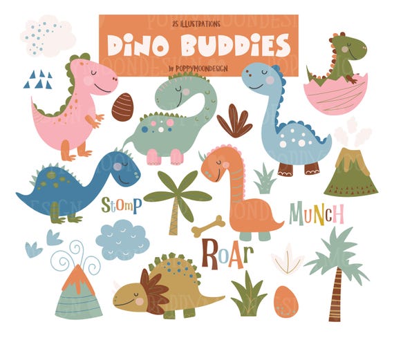 Dinosaur Clipart PNG Bundle, Cute Dino Clipart, Dinosaur images, Kids Dino Graphics, Prehistoric animals, Nursery art, Commercial Use