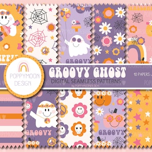 May include: A set of 10 digital seamless patterns featuring a groovy ghost, pumpkins, flowers, stars, and peace signs in a retro 70s style. The patterns are in shades of purple, pink, yellow, and orange.