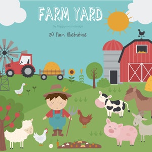 Farm Yard, animals, tractor, digital clip art set
