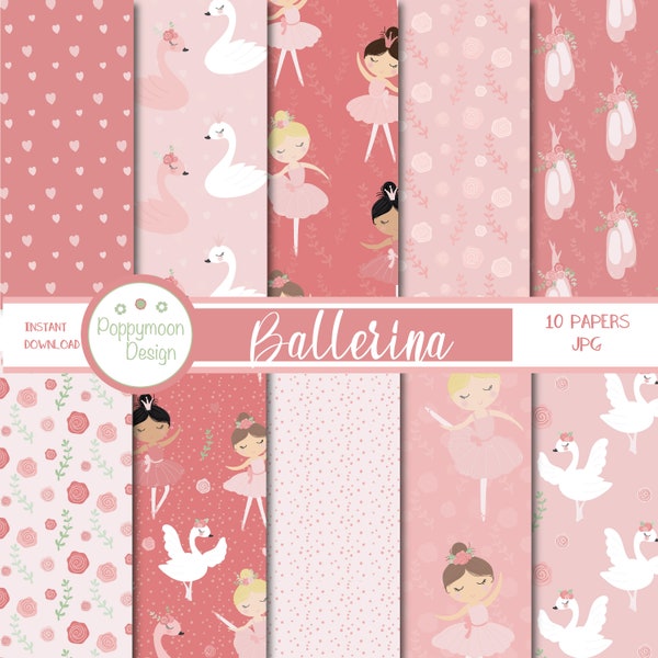 Ballerinas and swans, commercial and personal use, digital printable paper pack