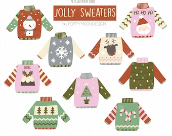 May include: Nine illustrations of Christmas sweaters with various designs, including a snowman, a snowflake, a reindeer, a Christmas pudding, a Christmas tree, Christmas lights, and candy canes. The sweaters are in various colors, including red, green, pink, and white.