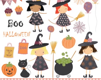 Cute halloween witches, treat bags and cauldron, digital clipart