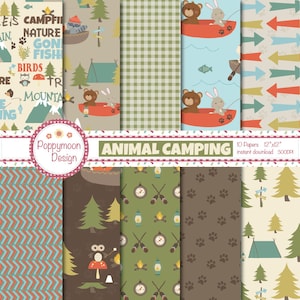 May include: A set of 10 digital papers featuring animal camping themes. The papers include patterns of arrows, paw prints, woodland animals, camping equipment, and a gingham pattern. The papers are 12 inches by 12 inches and are available for instant download.