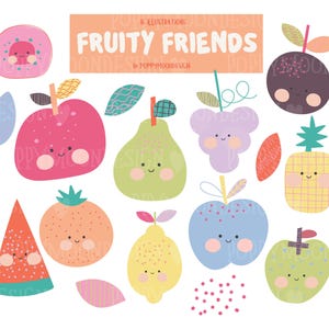 Pode incluir: Uma coleção de ilustrações de frutas, incluindo uma maçã, uma pera, uvas e um abacaxi, cada uma com um rosto sorridente. O texto "Fruity Friends" é exibido acima das ilustrações.