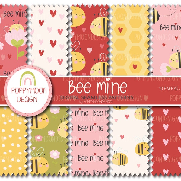 Bee Mine, valentines, love, marriage, printable seamless digital paper pack