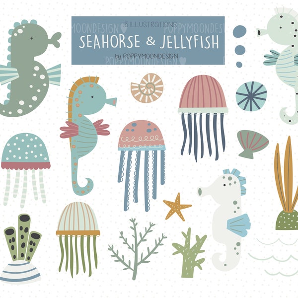 Seahorse & Jellyfish, under the sea , printable digital clipart set