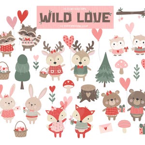 Conjunto de imágenes prediseñadas de amor salvaje: lindos animales del bosque para San Valentín