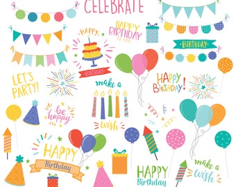 Celebrate-bright , birthday, bunting, party invites, digital clip art set