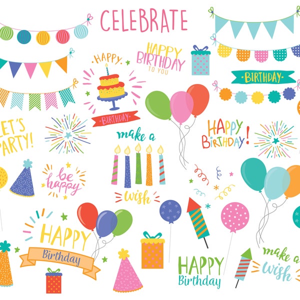 Celebrate-bright , birthday, bunting, party invites, digital clip art set