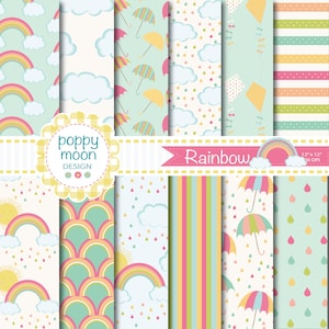 May include: A set of 10 digital paper patterns featuring rainbows, clouds, raindrops, umbrellas, and kites in a pastel color scheme. The papers are 12 inches by 12 inches and 300 DPI. The text "Poppy Moon Design" and "Rainbow" are included in the image.