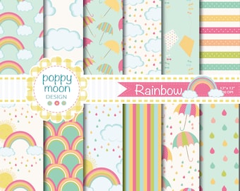 rainbows, clouds,umbrella and kites, printable digital paper pack