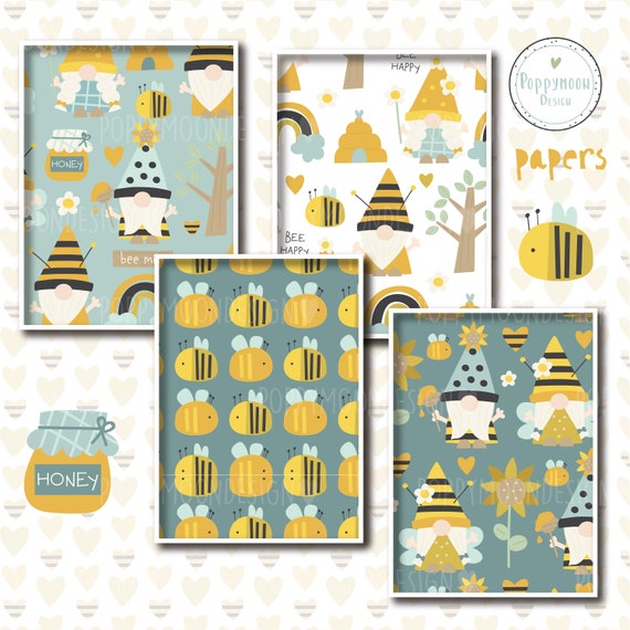 Bee digital paper Honey Bumble bee gnomes pattern