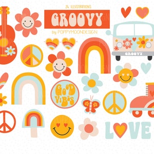 Groovy, Retro, Hippie, Flower Power, digital druckbare Clipart