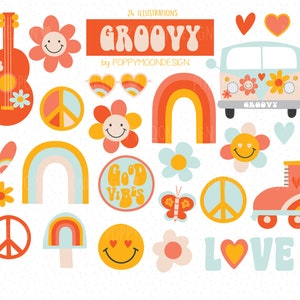 Groovy, retro, hippie, flower power, digital printable clipart