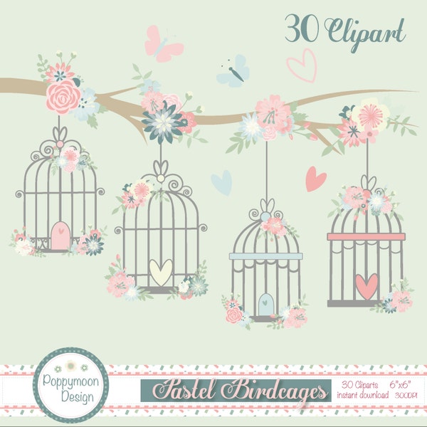 Pastel birdcages , digital printable clipart