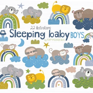 Sleeping baby Boys, rainbows and clouds, digital clip art set image 1