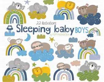 Sleeping baby Boys, rainbows and clouds, digital clip art set