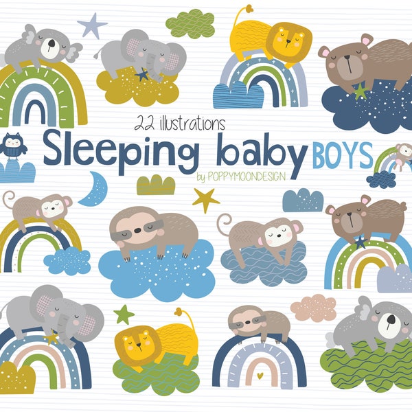 Sleeping baby Boys, rainbows and clouds, digital clip art set