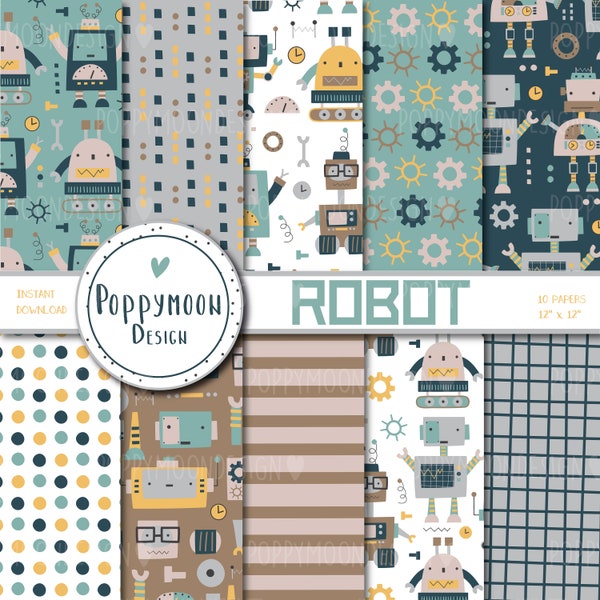 Robot, patterns, printable digital paper pack