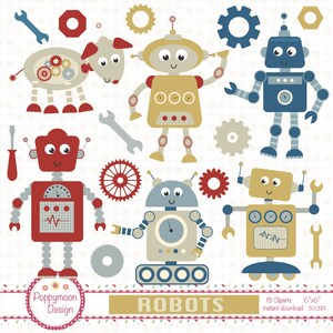 ロボットの友達、ロボットの犬、ナットとスパナ、デジタルクリップアートセット
