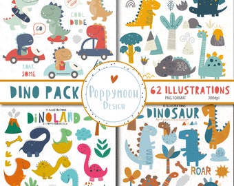 Pacote de dinossauros, conjunto de clip art digital colorido
