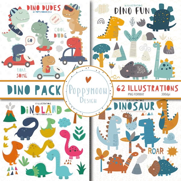 Dinosaurs pack, colourful digital clip art set