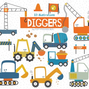 Diggers, construction, digital clip art set