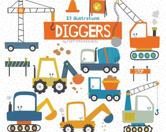 Diggers, construction, digital clip art set
