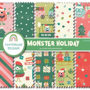 May include: A set of 10 digital papers featuring a festive holiday theme with cute monster illustrations. The papers include a variety of patterns, including stripes, stars, and Christmas trees. The papers are perfect for creating holiday cards, gift tags, and other festive crafts.