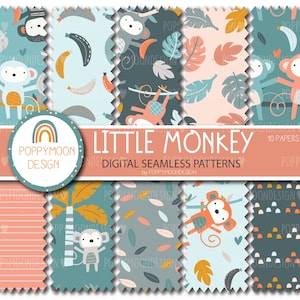 Könnte beinhalten: Ein Set mit 10 digitalen nahtlosen Mustern mit niedlichen Affen, Bananen, Blättern und Herzen in verschiedenen Farben. Die Muster sind perfekt für die Erstellung von Kinderkleidung, Stoff, Tapeten und anderen Projekten.