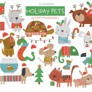 Clipart Holiday Pets, illustrations de Noël, ensemble de clipart numérique imprimable