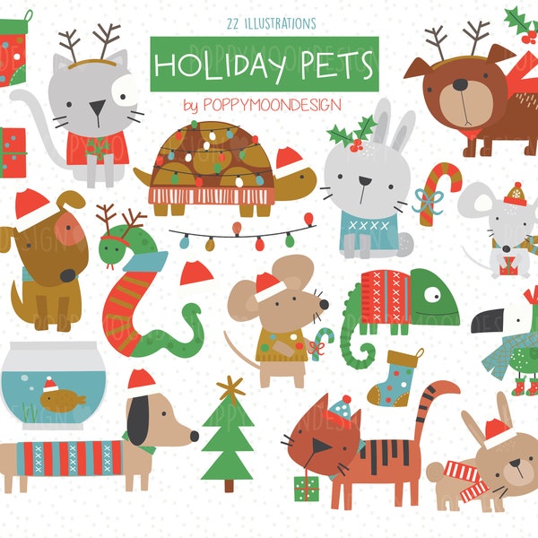 Holiday Pets clipart, christmas illustrations, printable digital clipart set