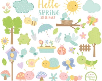 Hello spring, bugs and flowers, digital clip art set