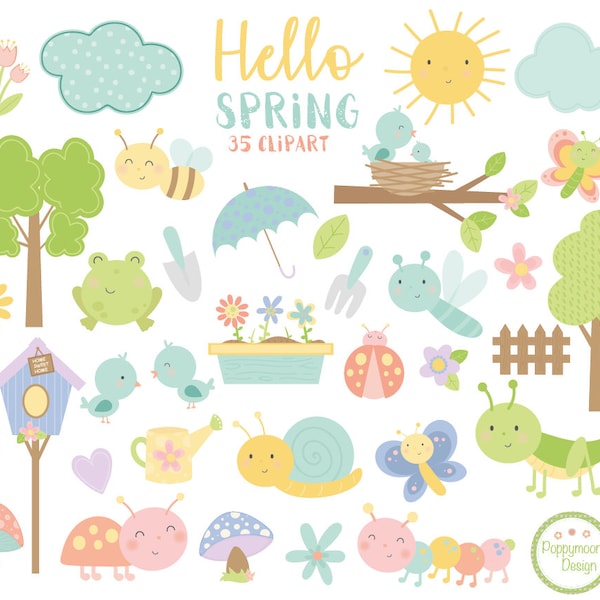 Hello spring, bugs and flowers, digital clip art set