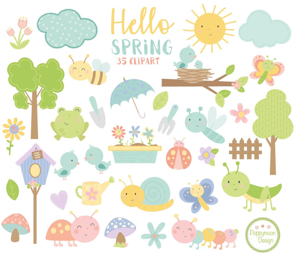 Hello spring, bugs and flowers, digital clip art set