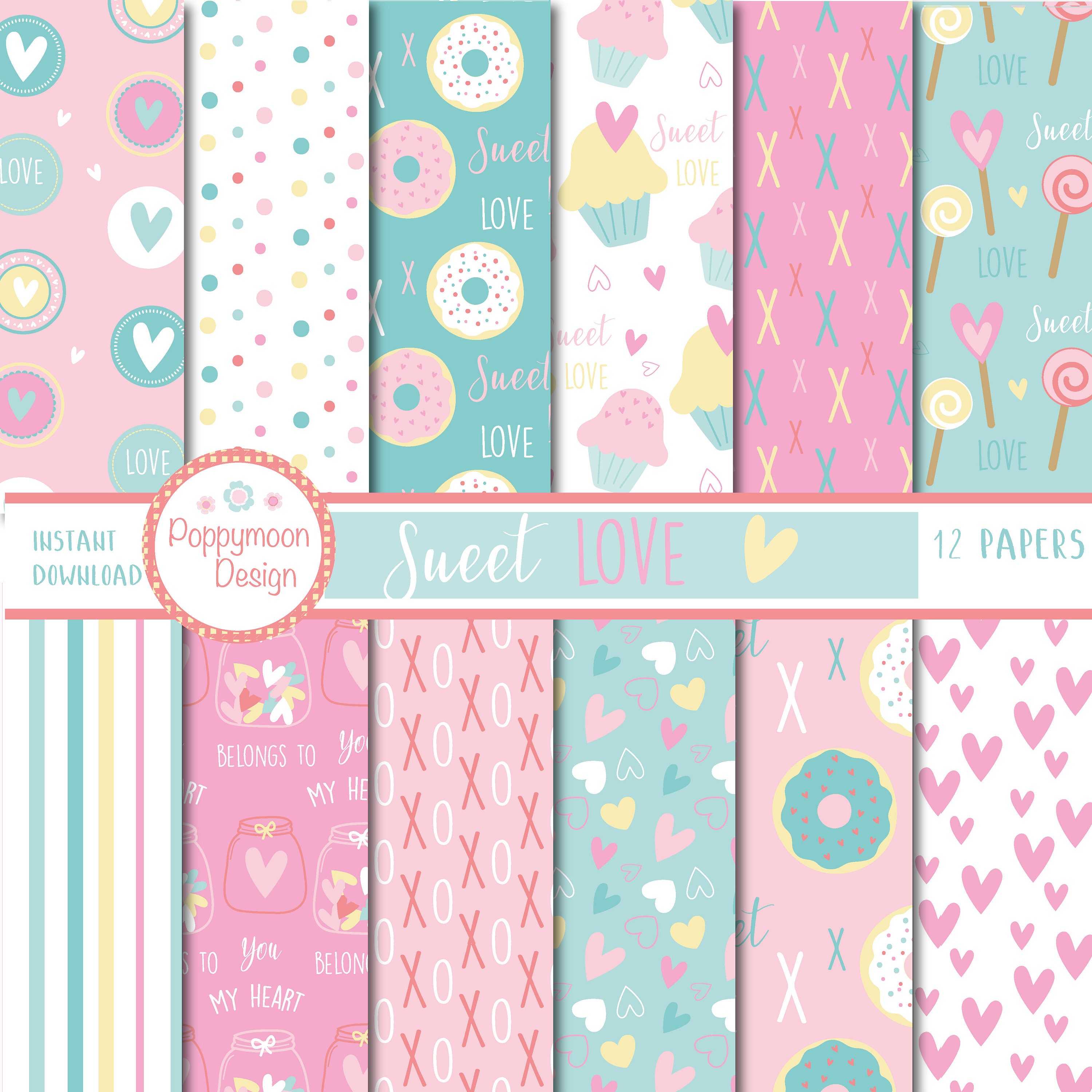 Sweet love, valentines, digital paper pack