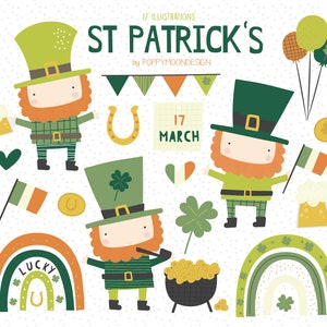 Può includere: Un set di 17 illustrazioni di San Patrizio con folletti, arcobaleni, trifogli, monete d'oro, un ferro di cavallo, un pentolone d'oro e una bandiera irlandese. Il testo "17 marzo" è incluso nell'immagine.