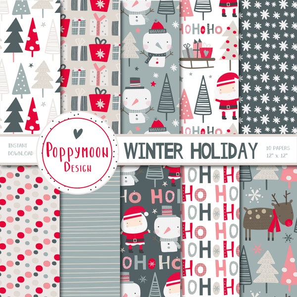 Winter Holiday, christmas papers, printable digital paper pack