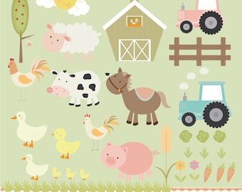 schattige boerderij dieren, tractoren en gewassen, digitale clip art set