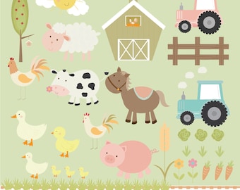 cute farm animals,tractors and crops , digital clip art set