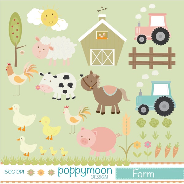 cute farm animals,tractors and crops , digital clip art set