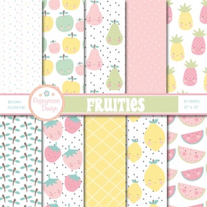 Fruities, fruta kawaii, pastel, paquete de papel digital, papel de álbum de recortes