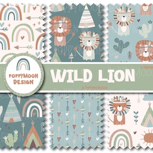 Può includere: Un set di sei carte digitali con un tema di leone selvaggio fantasioso. Le carte presentano una varietà di motivi, tra cui arcobaleni, frecce, tepee e cactus, il tutto in una tavolozza di colori tenui di blu, verdi e marroni. Il testo "WILD LION" è visualizzato su uno stendardo verde.