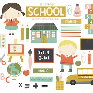 Escola, educação, clipart digital para impressão
