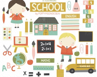 Könnte beinhalten: Ein Set mit 33 bunten Illustrationen für die Schule, mit einem Schulhaus, einem Schulbus, einem Globus, einem Lehrer, einem Schüler, Büchern, Bleistiften, einer Schere, Buntstiften, Pinseln, einer Farbpalette, einer Staffelei, einem Apfel, einem Lineal, einer Tafel, einer Uhr, einer Kleberflasche, einer Büroklammer und Alphabetblöcken. Der Text "SCHOOL" ist in großen, gelben Buchstaben.