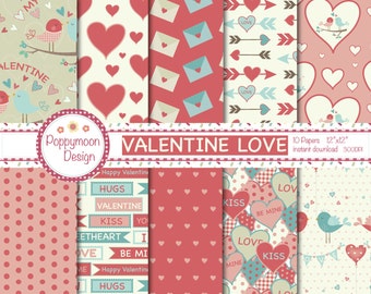 Valentine Liebe, Vögel und Pfeile, digitale Papierpack