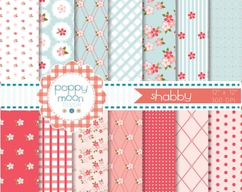 Shabby chic style pink, red and aqua,printable digital paper pack