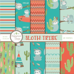 Sloth tribe patterns, printable digital paper pack