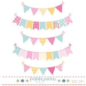 Bunting pastel ,pink yellow and aqua, digital clipart